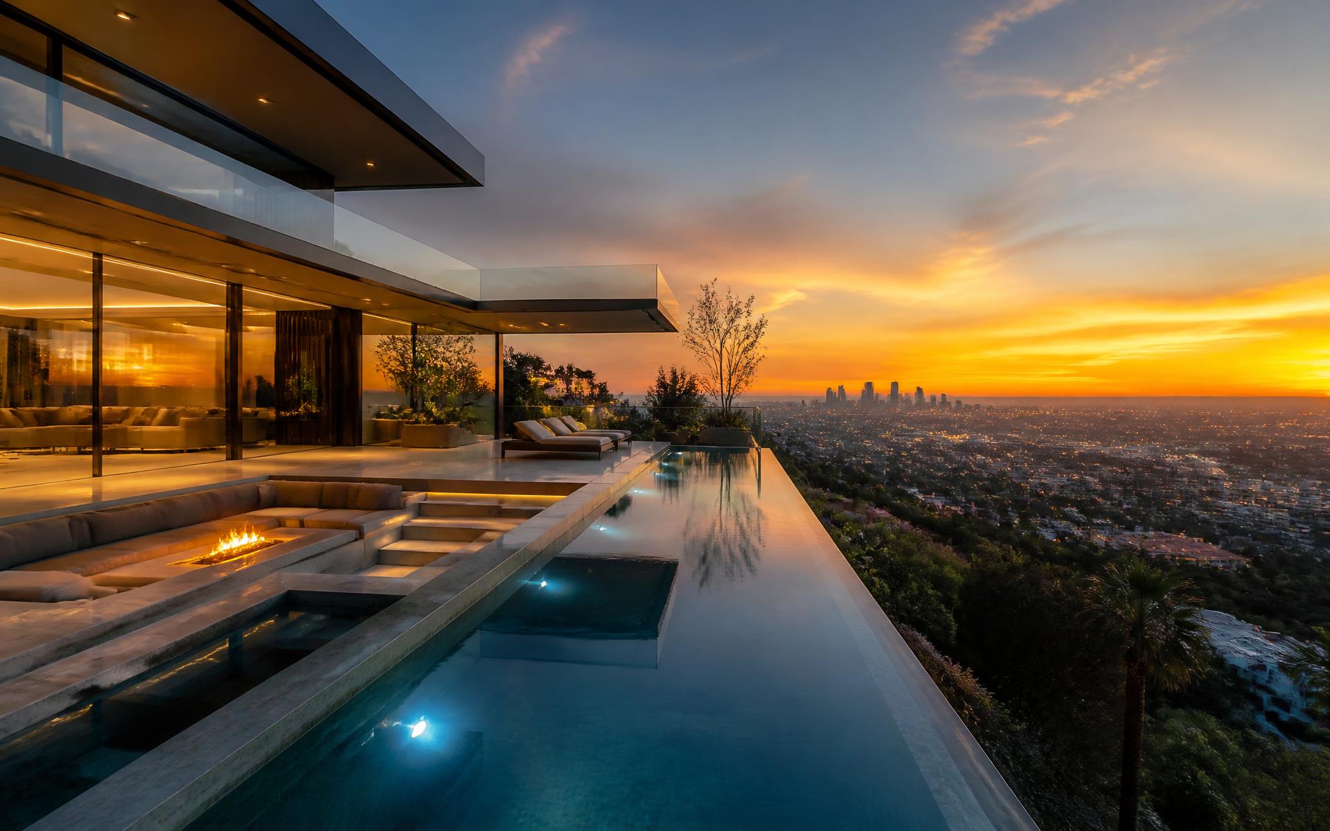 Modern glass mansion in the Hollywood Hills above Los Angeles at sunset